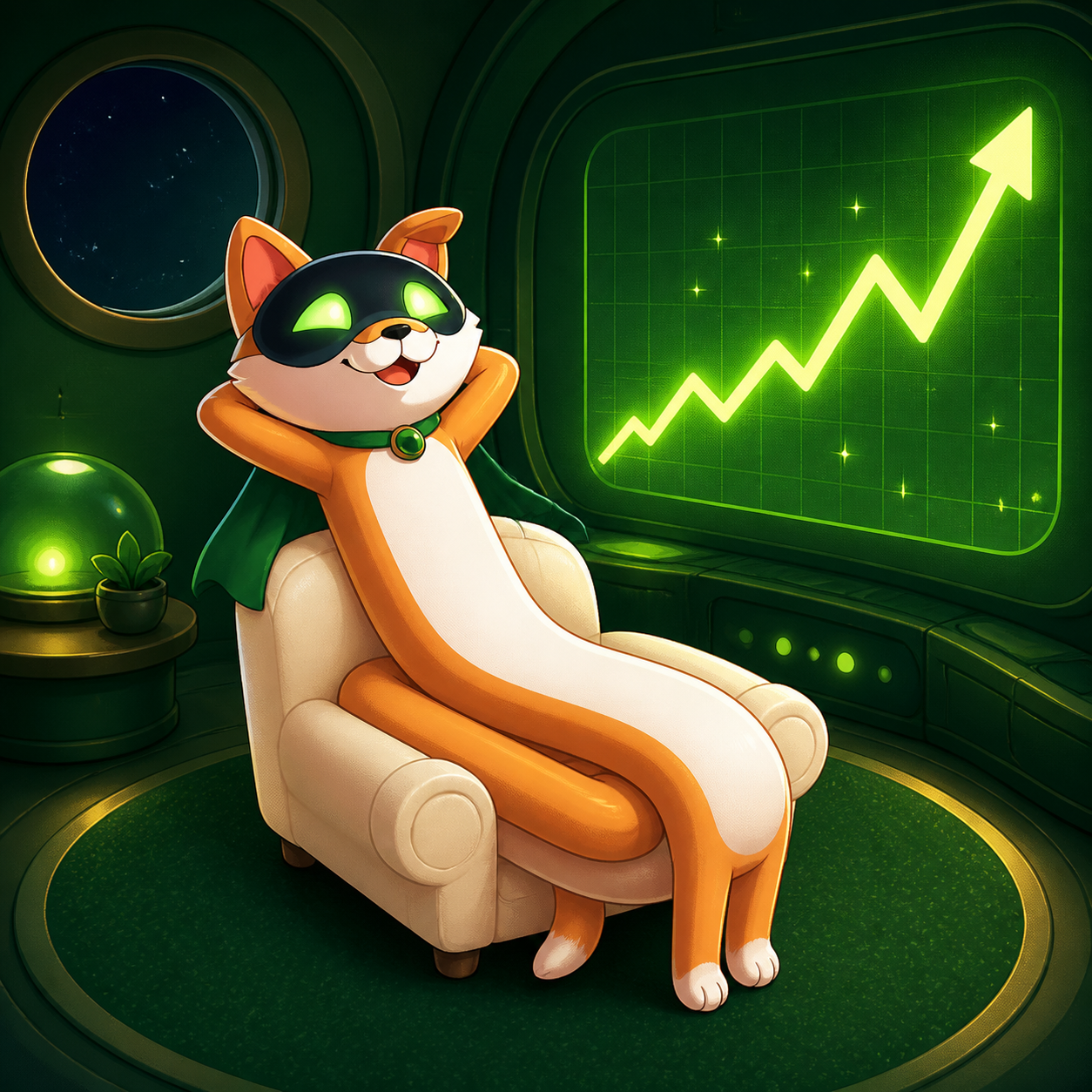 Long AI relaxing in a chair while a chart climbs