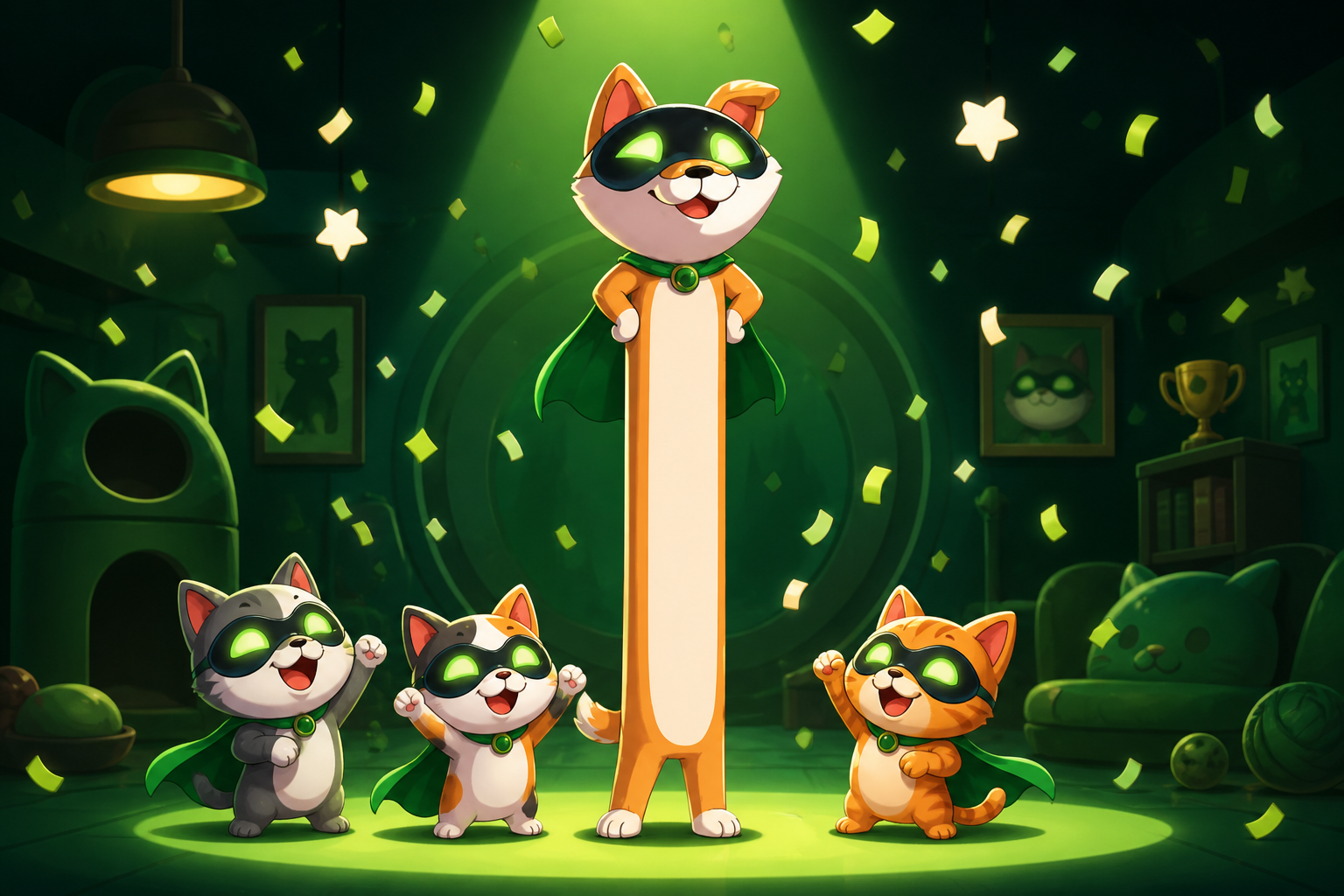 Long AI celebrating with three cat sidekicks