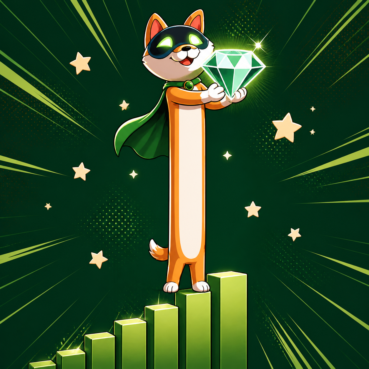 Long AI holding a bright diamond above rising chart bars