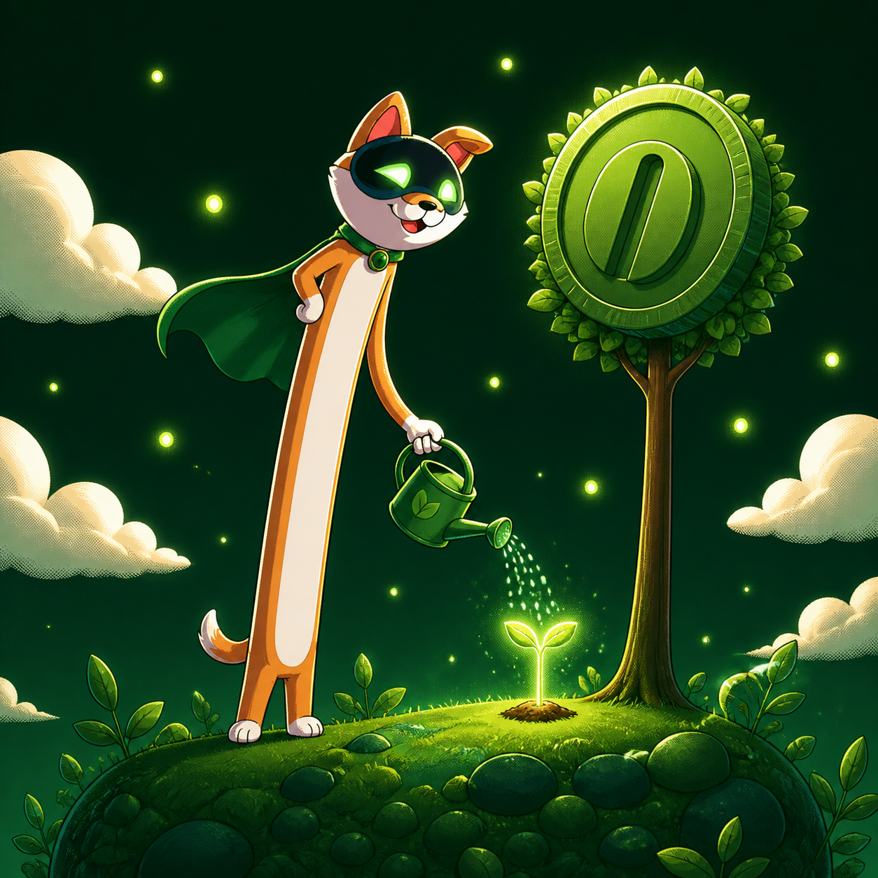 Long AI watering a glowing seedling beside a coin tree