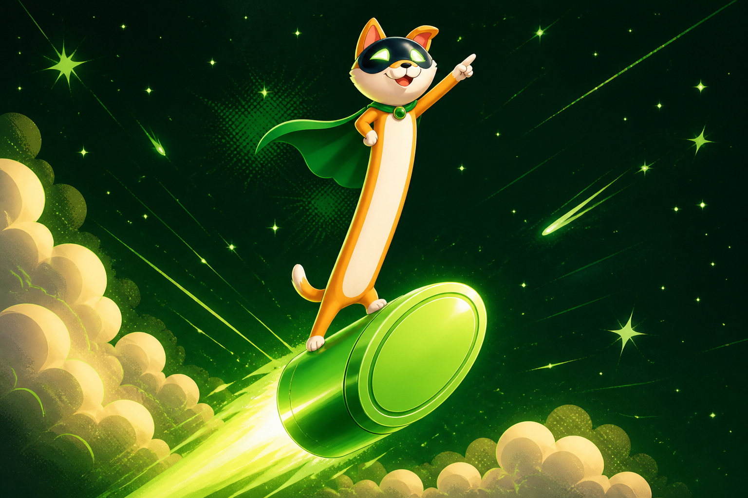 Long AI riding a glowing green rocket through space