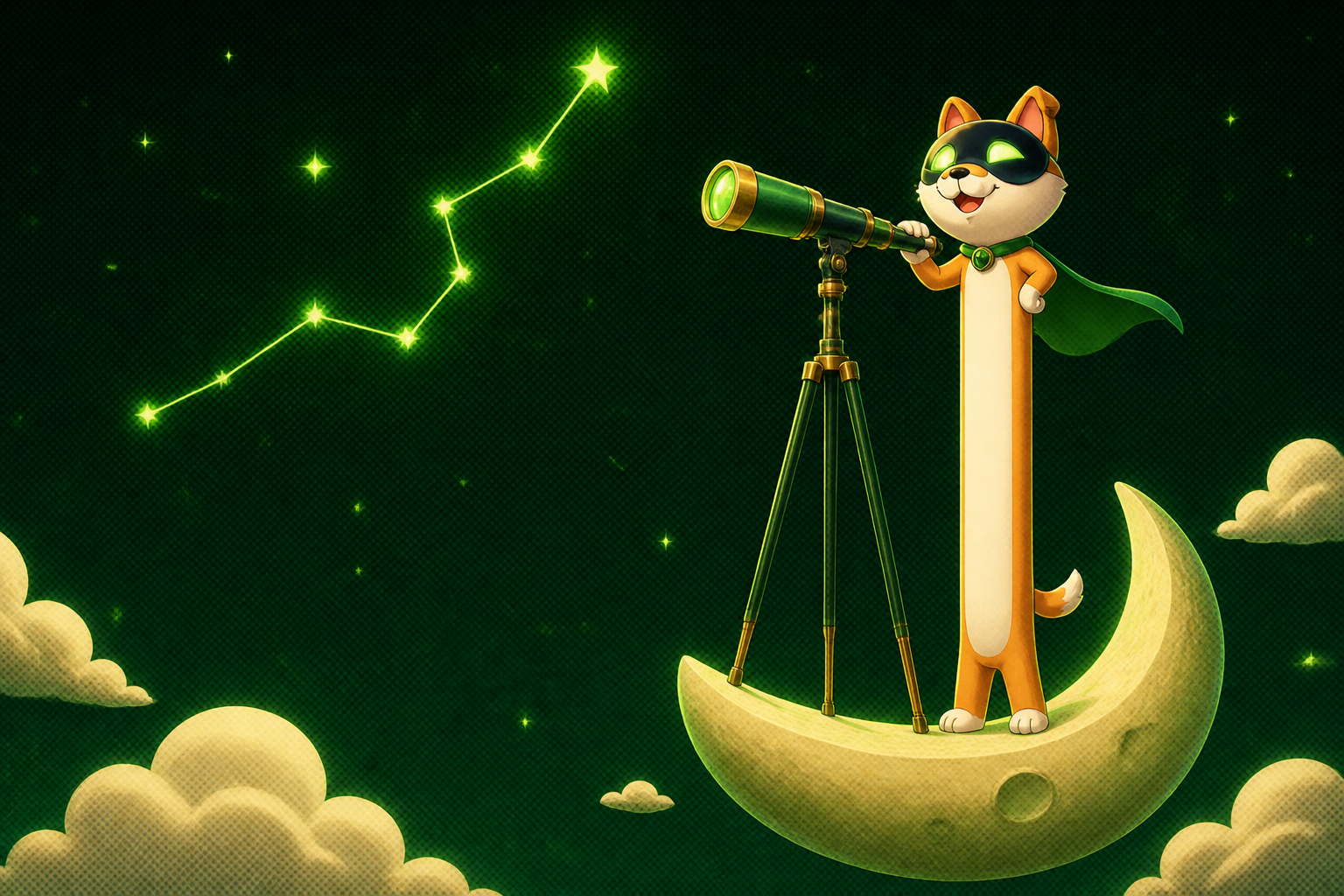 Long AI looking through a telescope at a rising constellation